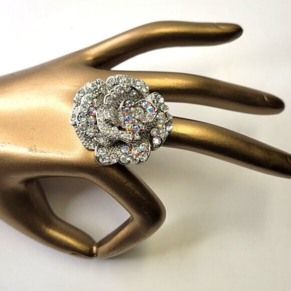 Statement Silver and Clear Rhinestone Ring with Adjustable Band - Picture 2 of 8